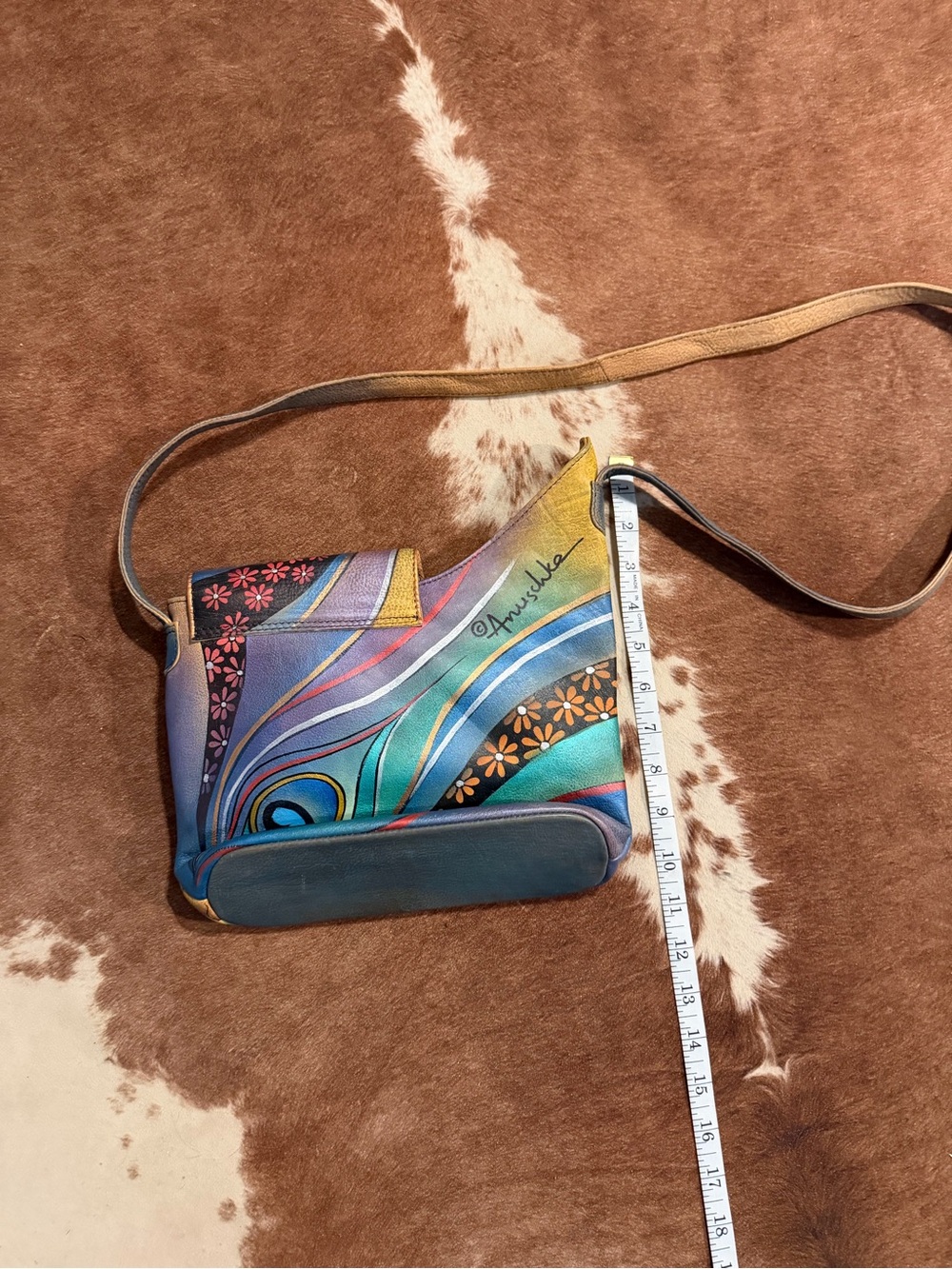 Anuschka Hand-Painted Peacock Motif Crossbody — Blue, Green, Yellow - Picture 2 of 2